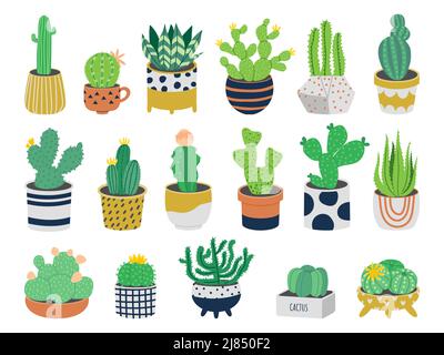 Cactus en pots. Mignon dessin animé exotique plantes succulentes en pots de fleurs, plante décorative de désert. Ensemble vectoriel isolé Illustration de Vecteur