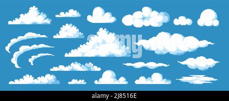 Ressources de clouds de jeux. Fond de jeu vidéo rétro 8 bits avec nuages de dessins animés, ciel bleu ciel jeu art vecteur UI collection éléments Illustration de Vecteur