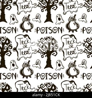 Motif sans coutures avec éléments d'Halloween dessinés dans un style de caniche. Arbre sombre, fantômes, inscriptions et chou-fleur de potions. Halloween monochrome Illustration de Vecteur