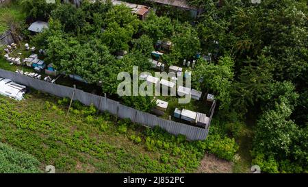 Ruches d'abeilles près de la maison dans le village Banque D'Images