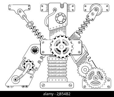 Livre de coloriage vectoriel pour adultes. Steampunk lettre cyrillique. Alphabet mécanique en engrenages métalliques et divers détails isolatedon fond blanc Illustration de Vecteur