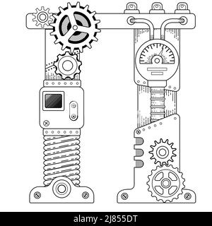 Livre de coloriage vectoriel pour adultes. Steampunk lettre cyrillique. Alphabet mécanique en engrenages métalliques et divers détails isolatedon fond blanc Illustration de Vecteur