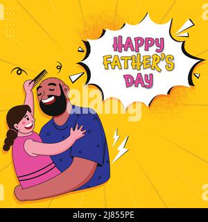 Style comique Happy Pather's Day Lettering avec fille peignant ses cheveux de papa sur Chrome Yellow Rays Halftone Background. Illustration de Vecteur