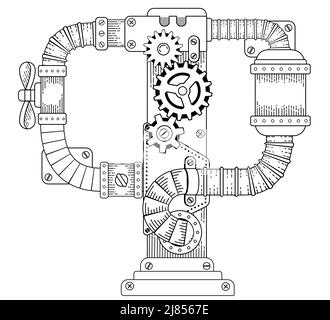 Livre de coloriage vectoriel pour adultes. Steampunk lettre cyrillique. Alphabet mécanique en engrenages métalliques et divers détails isolatedon fond blanc Illustration de Vecteur