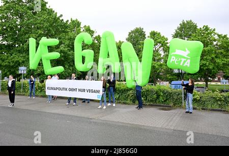 Stuttgart, Allemagne. 13th mai 2022. Les membres de l'organisation de protection de l'environnement PETA manifestent avant la réunion des G7 ministres de l'agriculture devant le château de Stuttgart-Hohenheim avec le VEGAN lettrage. Credit: Bernd Weißbrod/dpa/Alay Live News Banque D'Images