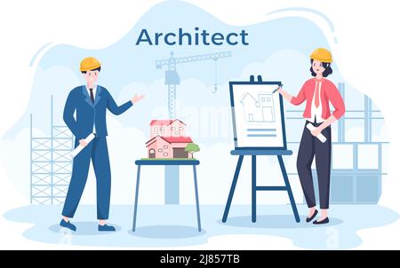 Illustration d'un dessin-modèle d'architecte ou d'ingénieur utilisation d'une table de cartes multifonctions pour esquisser le concept de construction et de miniatures de projet Illustration de Vecteur