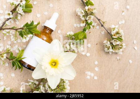 Vue de dessus de la maquette de la bouteille blanche. Petites fleurs blanches. Médicaments ou cosmétiques - crème, gel, soins de la peau, dentifrice. Banque D'Images