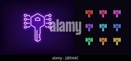 Icône de la touche numérique du néon. Silhouette de clé électronique au néon lumineux, pictogramme d'accès privé. Clé et informations chiffrées, Digital Pass, crypto a Illustration de Vecteur