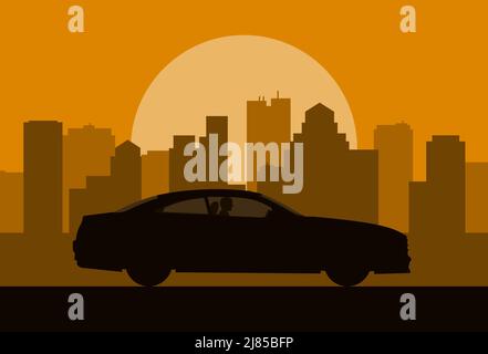 La silhouette de la voiture sur le fond de la ville. Homme conduisant une voiture à l'illustration du vecteur de coucher de soleil. Illustration de Vecteur