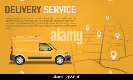 Livraison rapide en minibus sur fond jaune avec carte routière. Illustration vectorielle du concept de service de commande et de suivi en ligne Illustration de Vecteur
