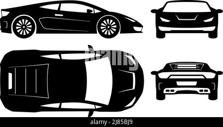 Silhouette de voiture de course sur fond blanc. Les icônes de véhicule définissent la vue latérale, avant, arrière et supérieure Illustration de Vecteur