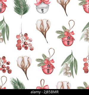 Aquarelle fleurs de Noël et jouets motif sans couture, branche de baies rouges et papier de repassage en coton, imprimé d'hiver, motif de décoration des fêtes, textile Banque D'Images