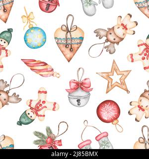 Aquarelle de Noël biscuits de pain d'épice motif sans couture, papier de répétition de jouets d'arbre de noël, imprimé d'hiver, motif de décoration des fêtes, textile Banque D'Images