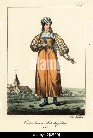 Paysanne française en costume de festival, 1540. Dans le capot, voile, robe avec corsage, manches écrasées. Paysanne en habitude de fete. Lithographie de couleur main par Lorenzo Bianchi d'après Hippolyte Lecomte de Costuci civili e militarari della monarchia francese dal 1200 al 1820, Naples, 1825. Édition italienne des costumes civils et militaires de Lecomte de la monarchie française de 1200 à 1820. Banque D'Images