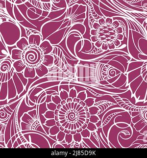 motif blanc sans couture sur fond rose vif, motif floral répétitif, motifs orientaux mahendi, contour blanc Banque D'Images