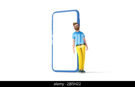 Hipster homme personnage de dessin animé debout à côté d'un grand smartphone avec un écran de maquette vierge . 3D rendu Banque D'Images