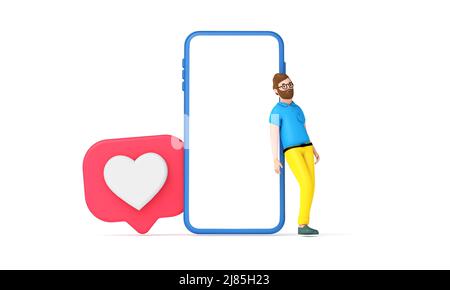 Hipster homme personnage de dessin animé debout à côté d'un grand smartphone avec un écran de maquette vierge . 3D rendu Banque D'Images