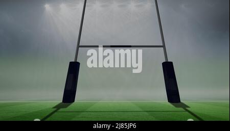 Image d'un symbole médiatique sur les balles de rugby tombant avec le texte du pays de galles au stade Banque D'Images