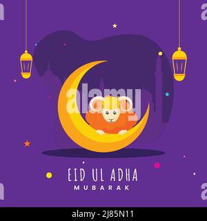 EID-UL-Adha Mubarak font avec la Lune du croissant, le mouton de dessin, les étoiles et les lanternes accroche sur fond de la Mosquée de silhouette pourpre. Illustration de Vecteur