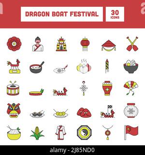 30 Dragon Boat Festival icône colorée en style plat. Illustration de Vecteur