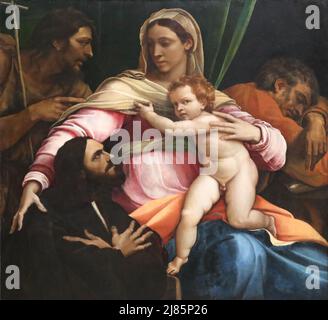 La Madonna et l'enfant aux Saints et un donateur du peintre italien de la haute Renaissance Sebastiano del Piombo à la National Gallery, Londres, Royaume-Uni Banque D'Images