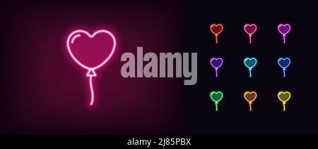 Icône de bulle cœur néon. Silhouette de ballon au néon en forme de coeur, pictogramme amour. Anniversaire et date, anniversaire et fête, amour et ro Illustration de Vecteur