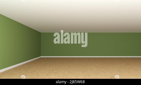 Belle chambre vide coin sans meubles, vue frontale. Concept intérieur avec murs verts, plafond blanc, parquet et Plinth blanc Banque D'Images