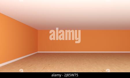 Belle chambre vide coin sans meubles, vue frontale. Concept intérieur avec murs orange, plafond blanc, parquet en bois et un PL blanc Banque D'Images