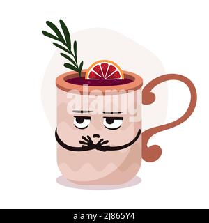 Grande tasse à café Vector avec boisson chaude. Vin chaud au romarin et à l'orange. Drôle de personnage de mug de dessin animé avec pokerface Illustration de Vecteur