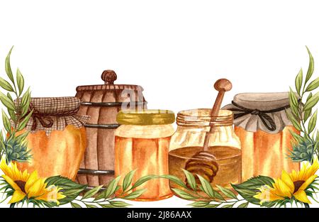 L'aquarelle du miel sain dans des pots en verre avec cadre de tournesol. Distributeur d'aliments biologiques dessiné à la main Banque D'Images