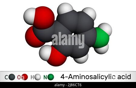 Acide 4-aminosalicylique, acide para-aminosalicylique ou molécule de pas. Il est antibiotique utilisé pour traiter la tuberculose. Modèle moléculaire. 3D rendu Banque D'Images