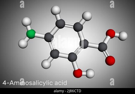 Acide 4-aminosalicylique, acide para-aminosalicylique ou molécule de pas. Il est antibiotique utilisé pour traiter la tuberculose. Modèle moléculaire. 3D rendu Banque D'Images