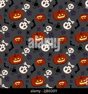 Joli motif foncé sans coutures avec citrouilles, toiles d'araignée et araignées. Décoration de fête d'Halloween. Imprimé végétal avec un sourire. Fond festif pour le papier, le textile, les fêtes et le design. Illustration vectorielle. Illustration de Vecteur