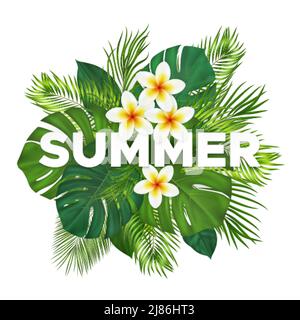 Composition tropicale d'été avec feuilles de palmier et fleurs vertes. Motif botanique exotique avec plantes de la jungle et inscription été Illustration de Vecteur