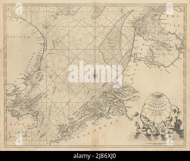 Carte DE la côte DE LA MER DU NORD. Anglia est Kent Holland Flandre. COLLINS 1723 vieille carte Banque D'Images