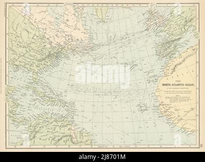 OCÉAN ATLANTIQUE NORD. Câbles/dates du télégraphe. Carte des courants/vitesses océaniques 1886 Banque D'Images