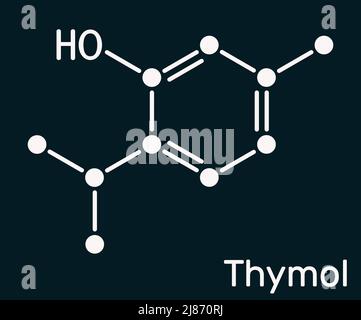 Thymol, molécule IPMP. Il s'agit du phénol, dérivé monoterpène naturel du cymene. Formule chimique squelettique sur fond bleu foncé. Illustration Banque D'Images