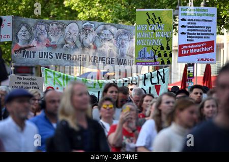 Cologne, Allemagne. 13th mai 2022. Des manifestants protestent contre la guerre en Ukraine lors d'une campagne électorale de Bündnis 90/Die Grünen pour les élections d'État en Rhénanie-du-Nord-Westphalie. Deux jours avant les élections d'État en Rhénanie-du-Nord-Westphalie, les partis brigue une fois de plus les votes avec beaucoup de célébrités politiques. Credit: Federico Gambarini/dpa/Alay Live News Banque D'Images