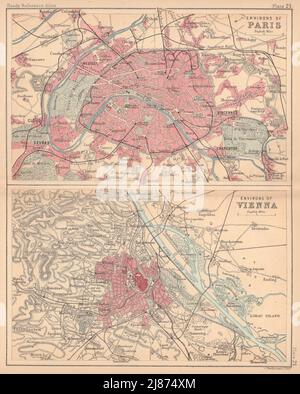 Environs de Paris et Vienne. Plans de croquis de ville. BARTHOLOMEW 1888 vieille carte Banque D'Images