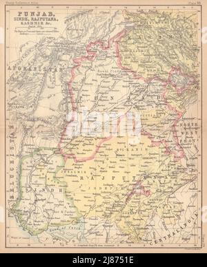 Inde britannique NW. Punjab Sindh Rajputana Cachemire Pakistan. BARTHOLOMEW 1888 carte Banque D'Images