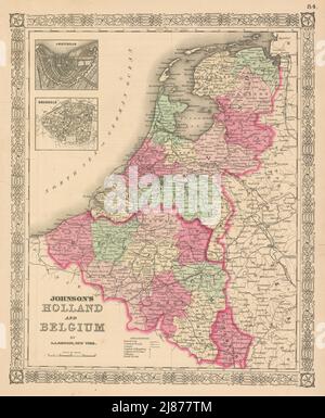 Johnson Hollande et Belgique. Benelux. Amsterdam & Brussels 1867 carte ancienne Banque D'Images