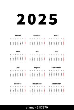 calendrier vertical simple de 2025 ans en allemand, calendrier typographique en blanc Illustration de Vecteur