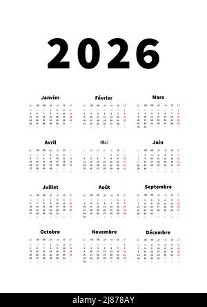 calendrier vertical simple de 2026 ans en français, calendrier typographique en blanc Illustration de Vecteur