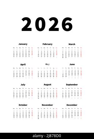 calendrier vertical simple de 2026 ans en anglais, calendrier typographique en blanc Illustration de Vecteur