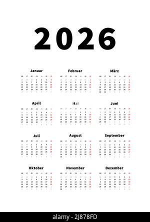 calendrier vertical simple de 2026 ans en allemand, calendrier typographique en blanc Illustration de Vecteur