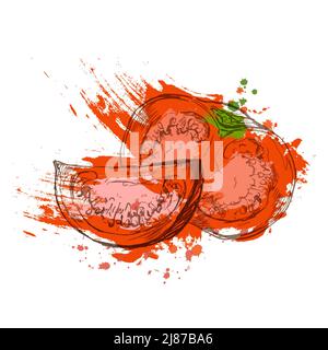 Croquis expressif de tomates tranchées en forme de grunge sur blanc Illustration de Vecteur