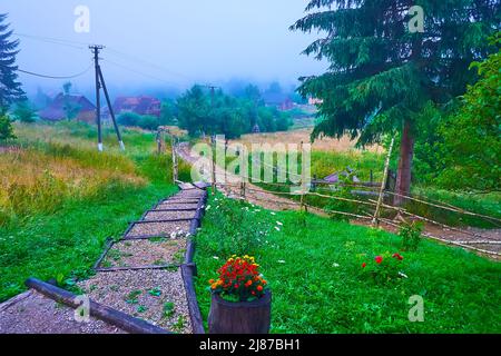 Le sentier au milieu de la prairie verte avec de petites maisons, couvertes de brouillard en arrière-plan, Vorokhta, Carpates, Ukraine Banque D'Images