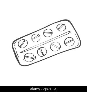 Vector sketch Pills emballage blister isolé sur fond blanc. Icône de pilules dessinées à la main. Illustration médicale Doodle. Illustration de Vecteur