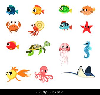 Ensemble d'animaux marins et de poissons sous-marins. Style de dessin animé amusant. Crabe, tortue, raies et méduses. Starfish et hippocampe. Poisson fugu et poulpe. Isol Illustration de Vecteur