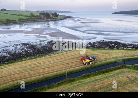 Rathclaran, West Cork, Irlande. 13th mai 2022. Alors que le soleil se couche et que la lune se lève, Patrick O'Donovan, un entrepreneur basé à West Cork, utilise une moissonneuse New Holland FR550 pour collecter de l'ensilage pour le producteur laitier Declan O'Donovan dans sa ferme près de Rathclaran, West Cork. Declan laitait 100 vaches et espère que 3 coupes d'ensilage seront effectuées cette année. Crédit : AG News/Alay Live News Banque D'Images